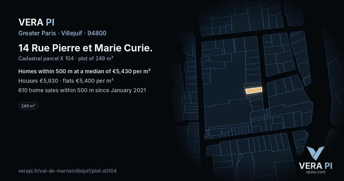 14 Rue Pierre et Marie Curie, Villejuif at night – the plot lit, the parcels around coloured by the prices near them