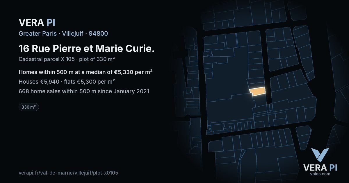 16 Rue Pierre et Marie Curie, Villejuif at night – the plot lit, the parcels around coloured by the prices near them