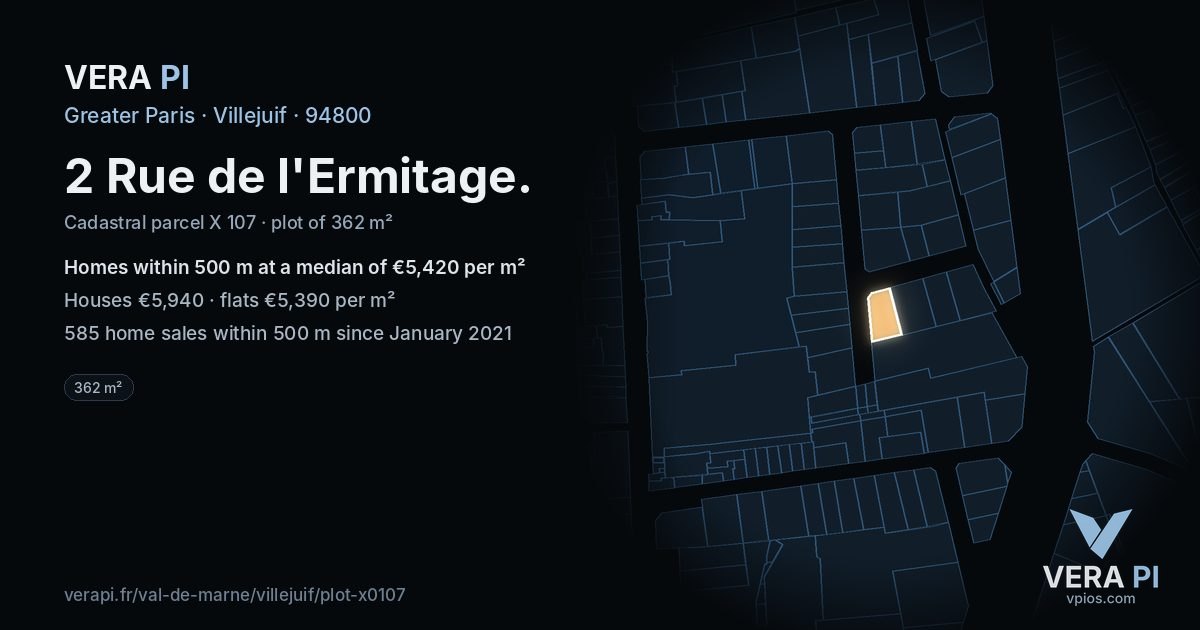 2 Rue de l'Ermitage, Villejuif at night – the plot lit, the parcels around coloured by the prices near them