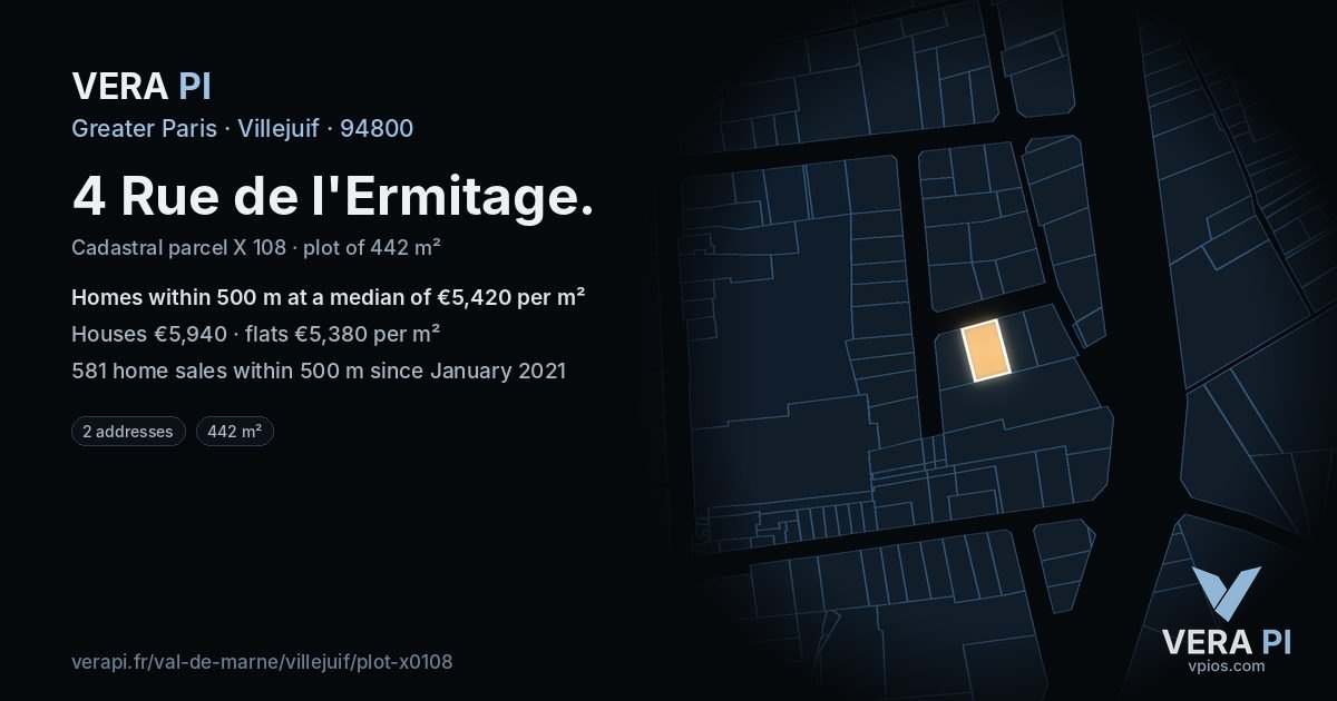 4 Rue de l'Ermitage, Villejuif at night – the plot lit, the parcels around coloured by the prices near them