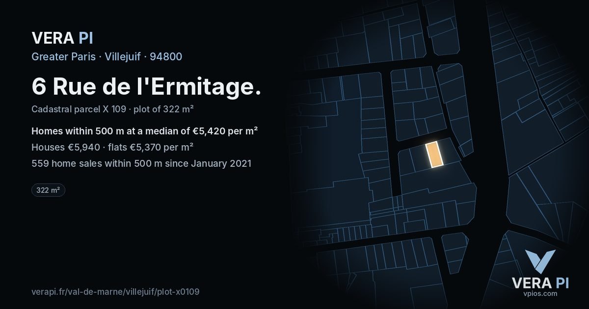 6 Rue de l'Ermitage, Villejuif at night – the plot lit, the parcels around coloured by the prices near them