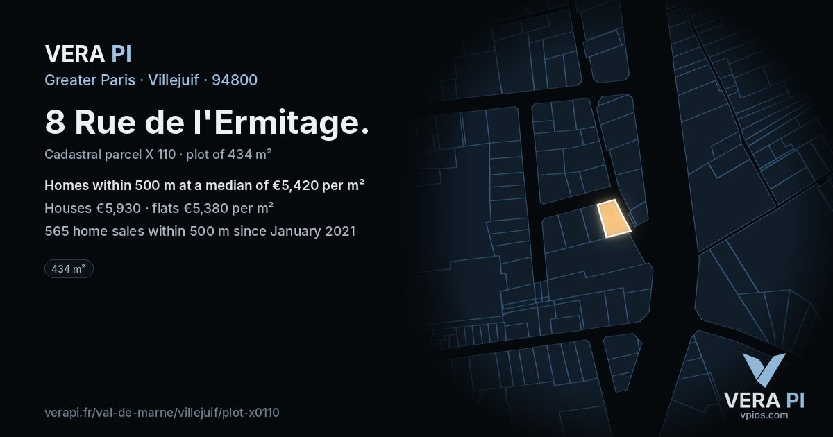 8 Rue de l'Ermitage, Villejuif at night – the plot lit, the parcels around coloured by the prices near them
