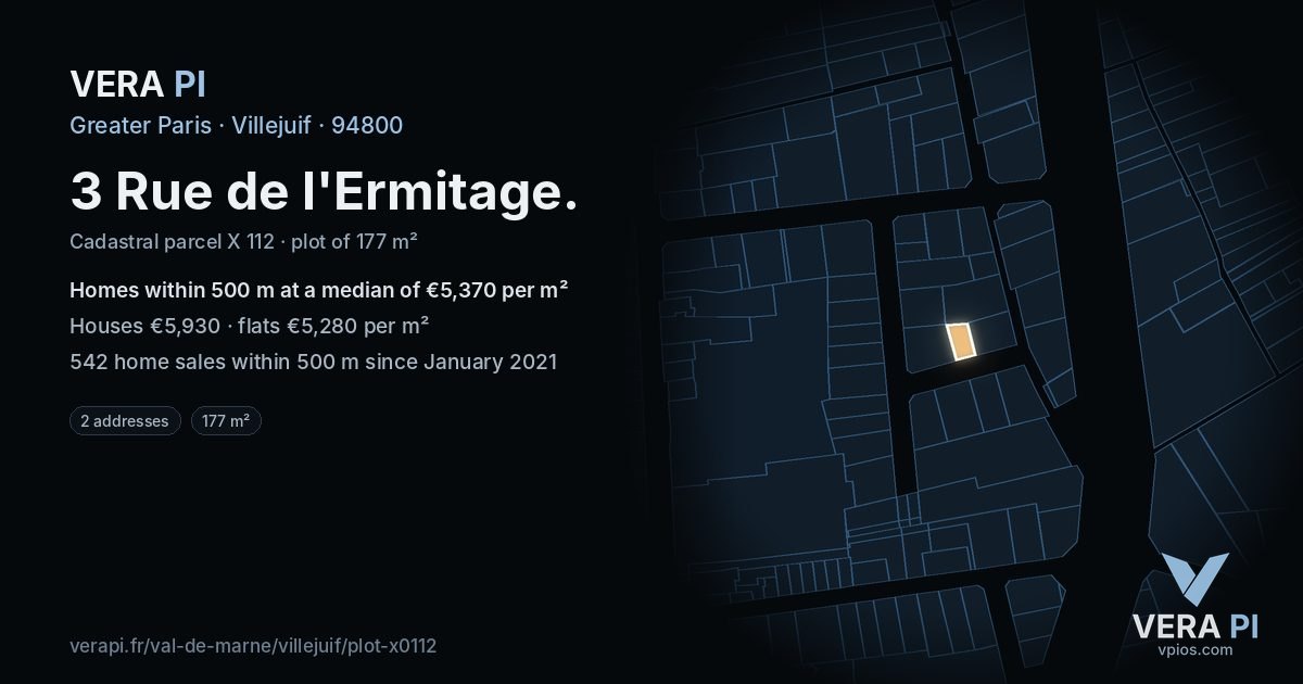 3 Rue de l'Ermitage, Villejuif at night – the plot lit, the parcels around coloured by the prices near them