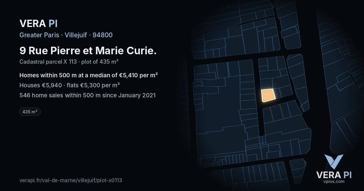 9 Rue Pierre et Marie Curie, Villejuif at night – the plot lit, the parcels around coloured by the prices near them