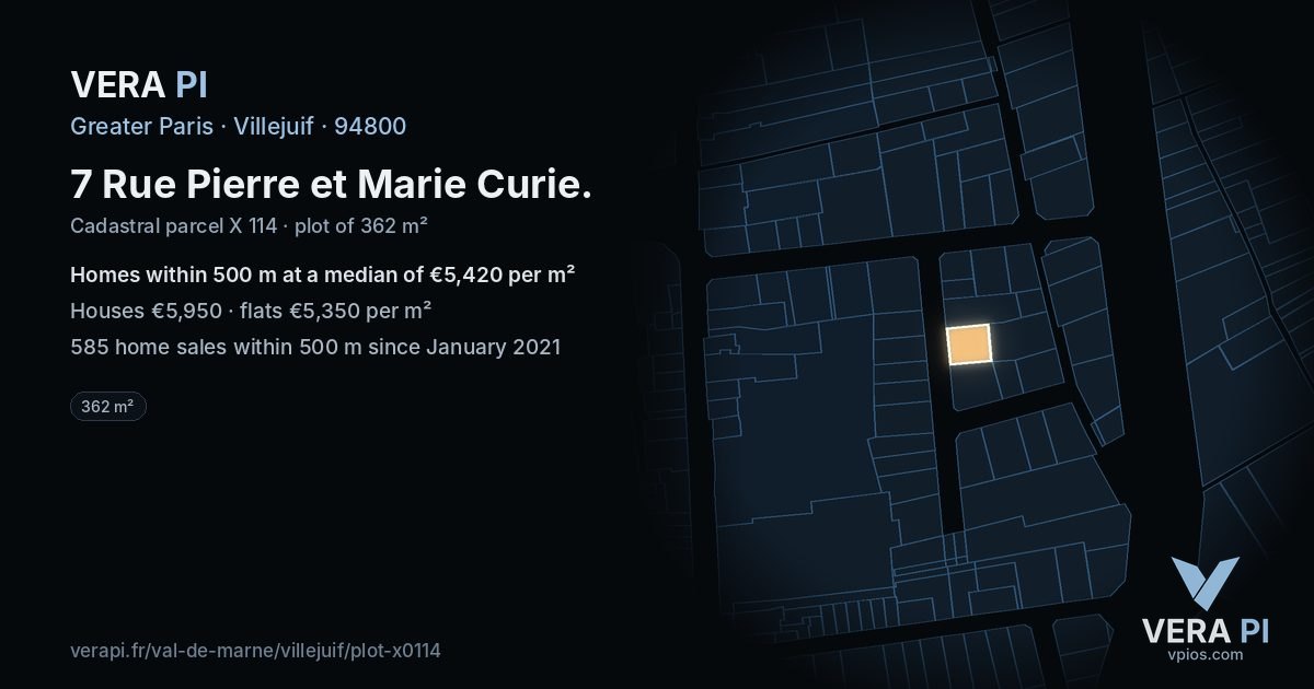 7 Rue Pierre et Marie Curie, Villejuif at night – the plot lit, the parcels around coloured by the prices near them