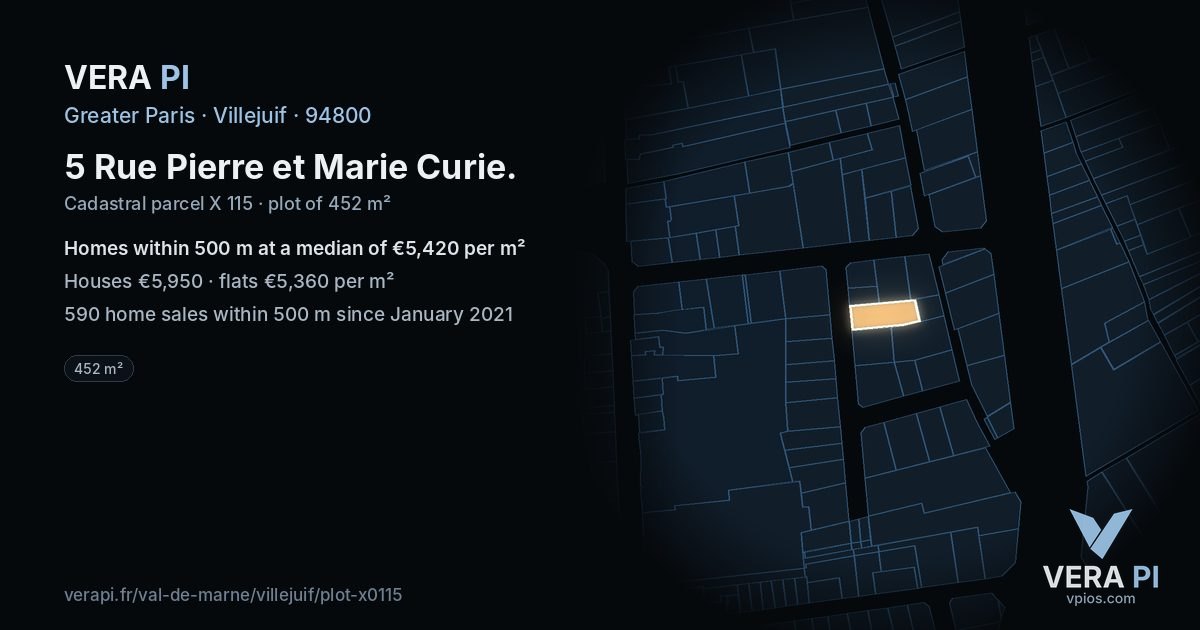 5 Rue Pierre et Marie Curie, Villejuif at night – the plot lit, the parcels around coloured by the prices near them