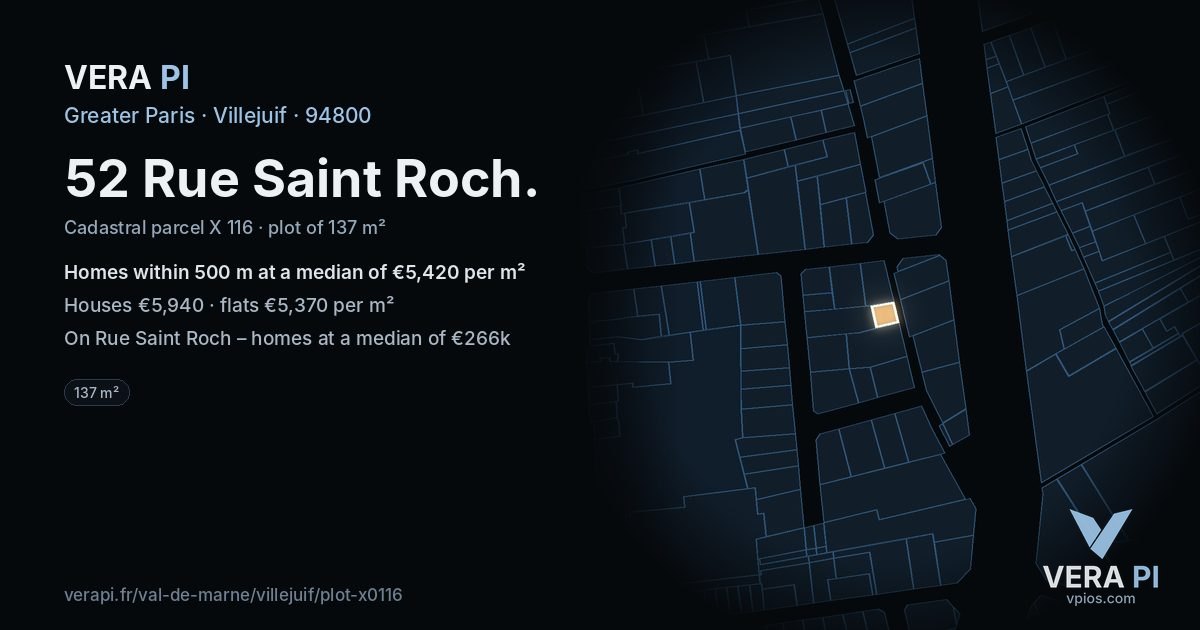 52 Rue Saint Roch, Villejuif at night – the plot lit, the parcels around coloured by the prices near them
