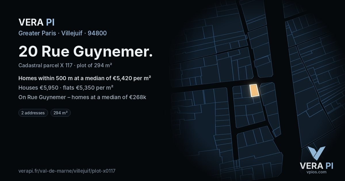 20 Rue Guynemer, Villejuif at night – the plot lit, the parcels around coloured by the prices near them