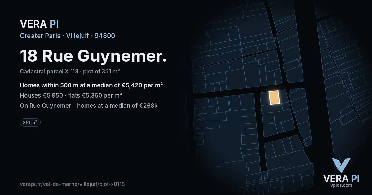 18 Rue Guynemer, Villejuif at night – the plot lit, the parcels around coloured by the prices near them