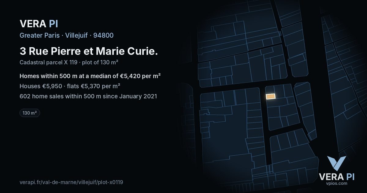 3 Rue Pierre et Marie Curie, Villejuif at night – the plot lit, the parcels around coloured by the prices near them