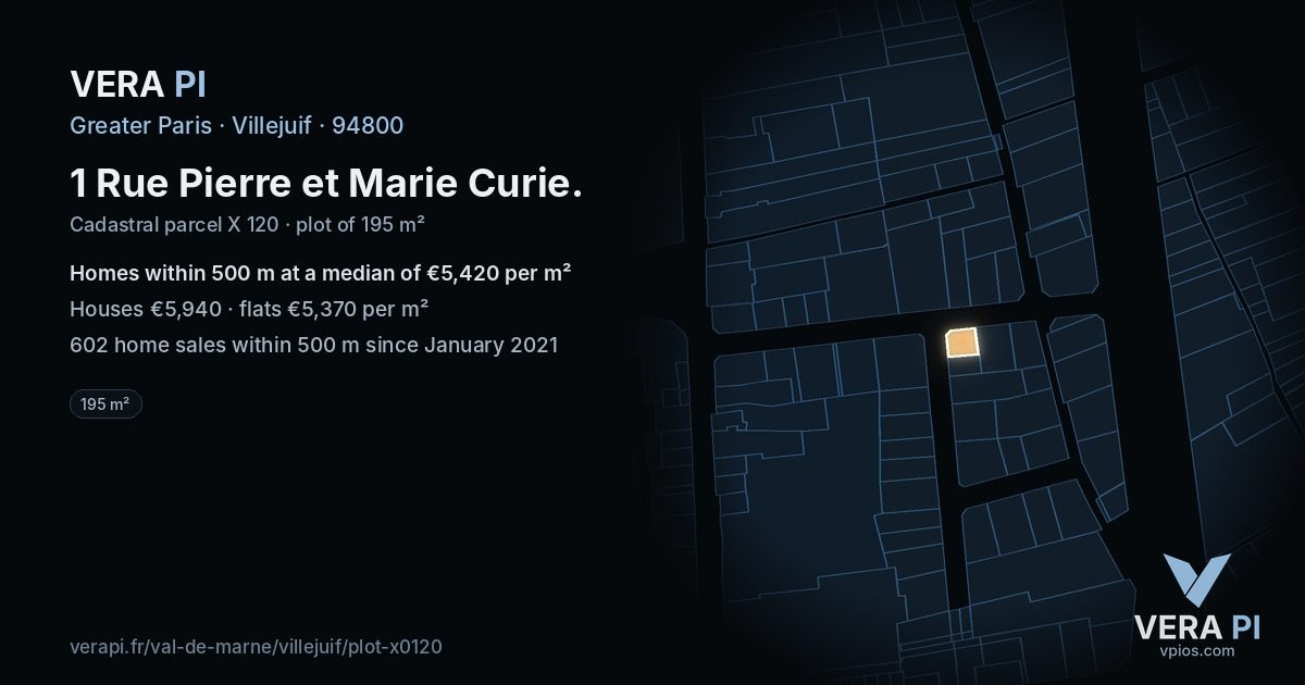 1 Rue Pierre et Marie Curie, Villejuif at night – the plot lit, the parcels around coloured by the prices near them