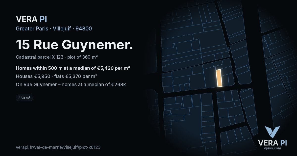 15 Rue Guynemer, Villejuif at night – the plot lit, the parcels around coloured by the prices near them