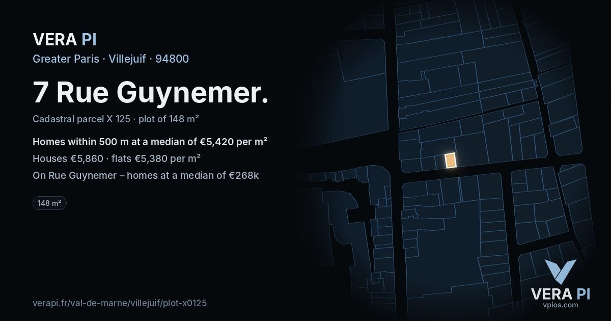 7 Rue Guynemer, Villejuif at night – the plot lit, the parcels around coloured by the prices near them