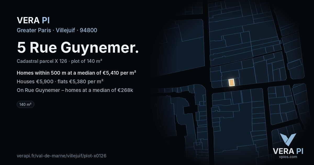 5 Rue Guynemer, Villejuif at night – the plot lit, the parcels around coloured by the prices near them