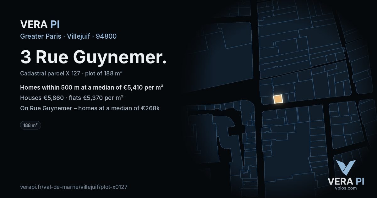 3 Rue Guynemer, Villejuif at night – the plot lit, the parcels around coloured by the prices near them