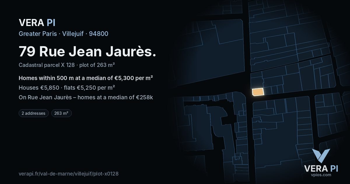 79 Rue Jean Jaurès, Villejuif at night – the plot lit, the parcels around coloured by the prices near them