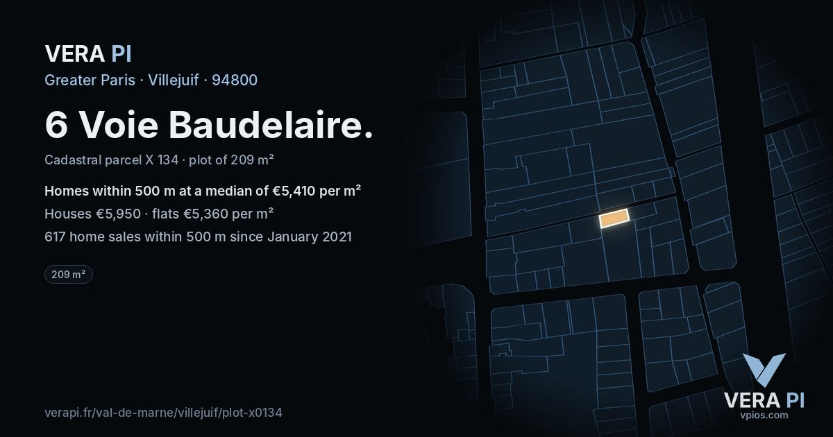 6 Voie Baudelaire, Villejuif at night – the plot lit, the parcels around coloured by the prices near them