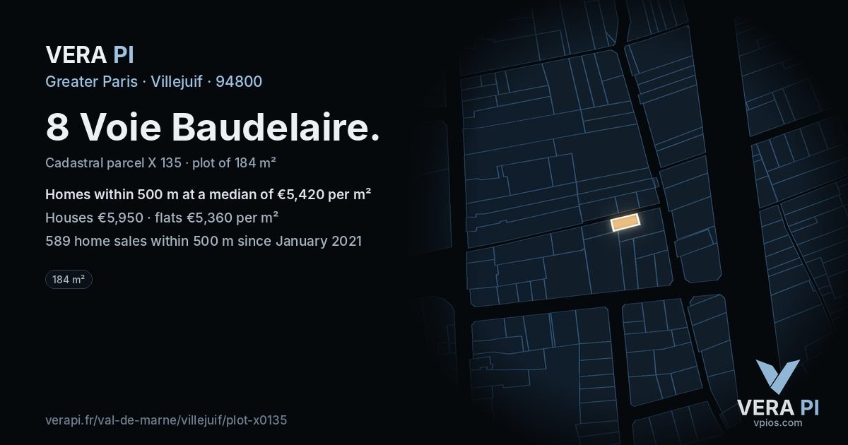 8 Voie Baudelaire, Villejuif at night – the plot lit, the parcels around coloured by the prices near them