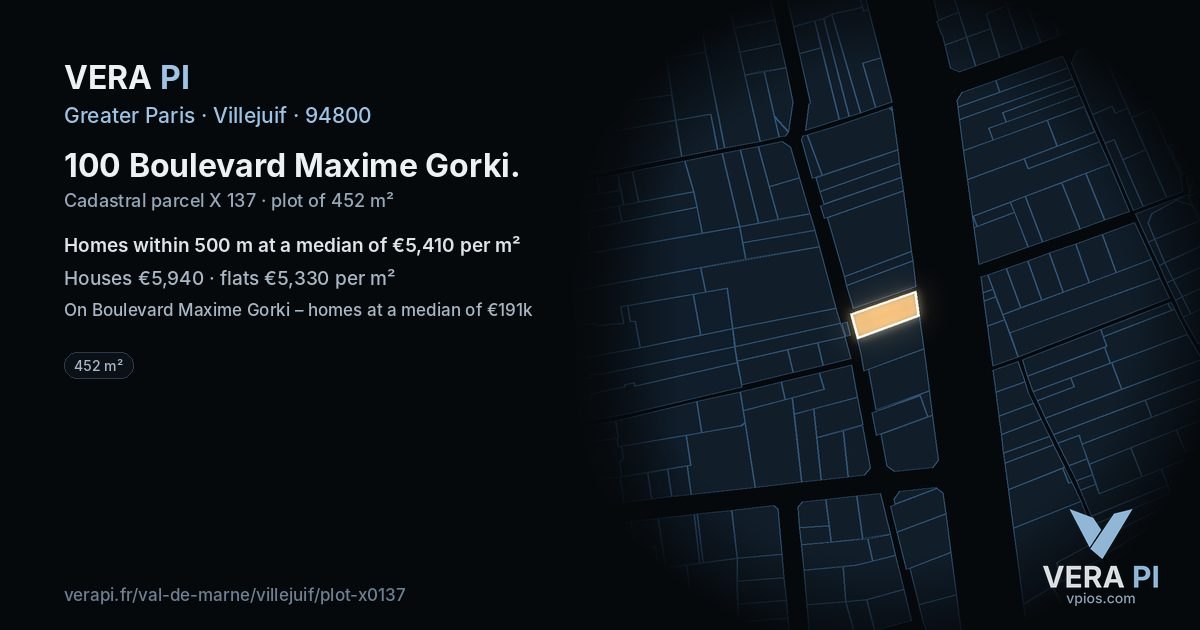 100 Boulevard Maxime Gorki, Villejuif at night – the plot lit, the parcels around coloured by the prices near them