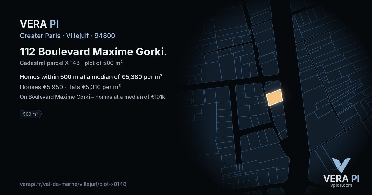 112 Boulevard Maxime Gorki, Villejuif at night – the plot lit, the parcels around coloured by the prices near them