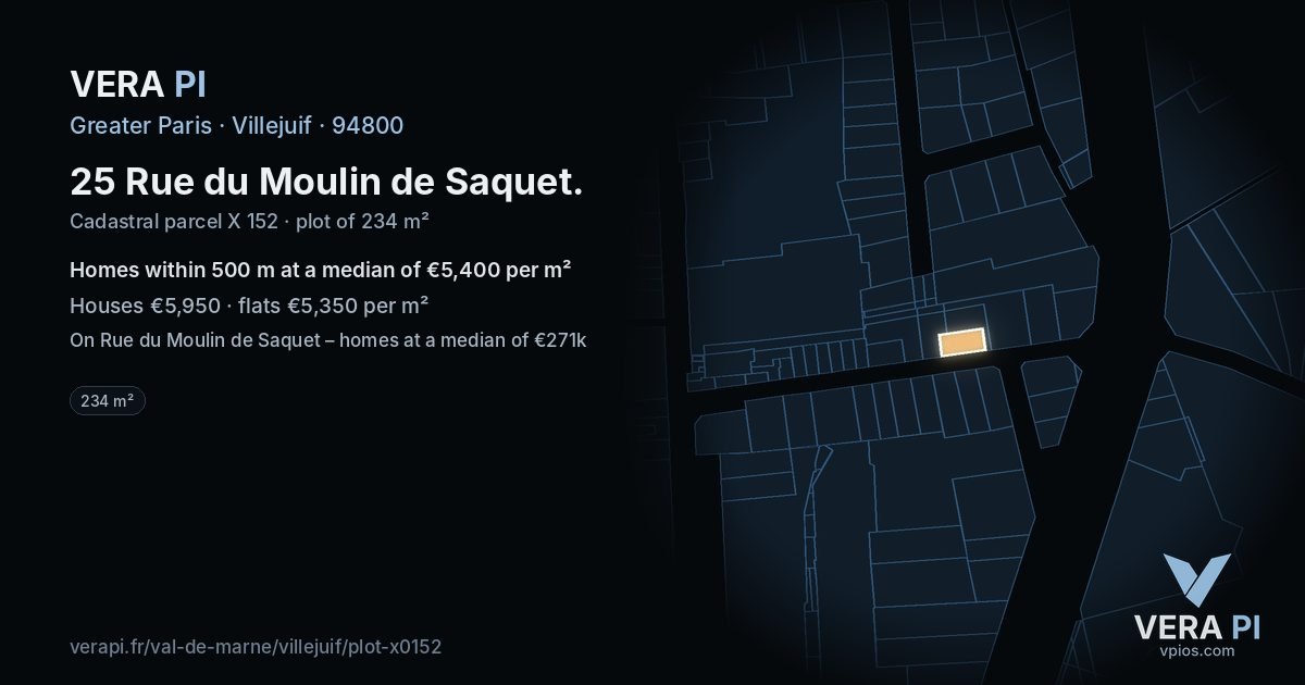 25 Rue du Moulin de Saquet, Villejuif at night – the plot lit, the parcels around coloured by the prices near them
