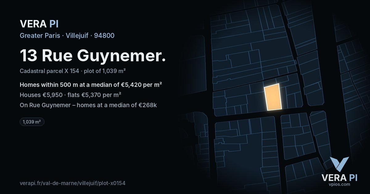 13 Rue Guynemer, Villejuif at night – the plot lit, the parcels around coloured by the prices near them