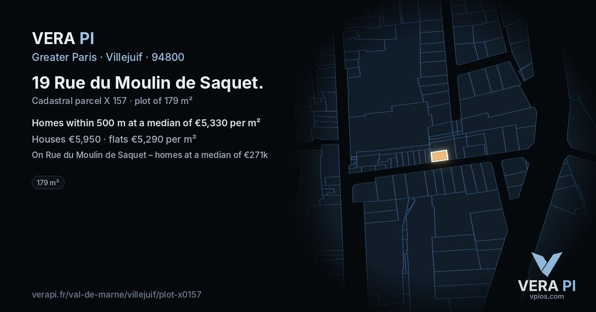 19 Rue du Moulin de Saquet, Villejuif at night – the plot lit, the parcels around coloured by the prices near them