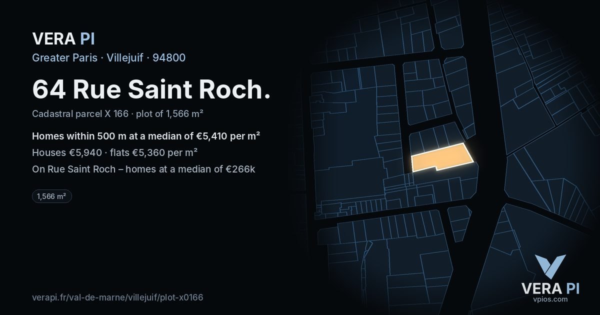 64 Rue Saint Roch, Villejuif at night – the plot lit, the parcels around coloured by the prices near them