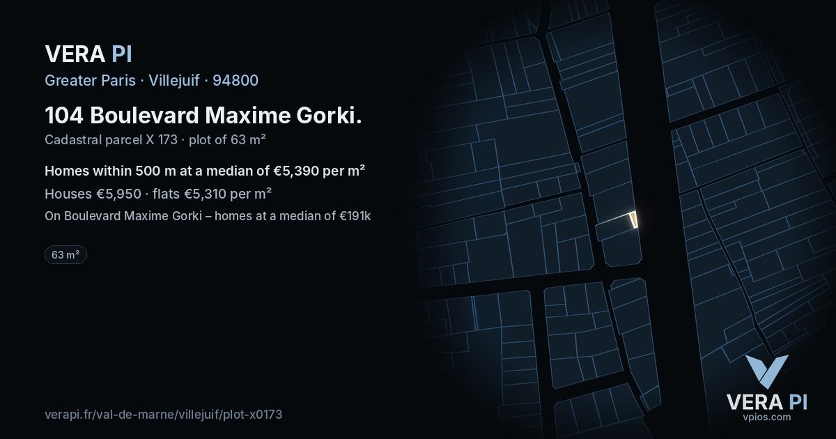 104 Boulevard Maxime Gorki, Villejuif at night – the plot lit, the parcels around coloured by the prices near them