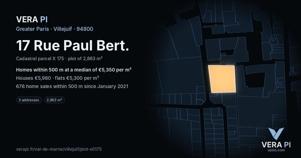 17 Rue Paul Bert, Villejuif at night – the plot lit, the parcels around coloured by the prices near them