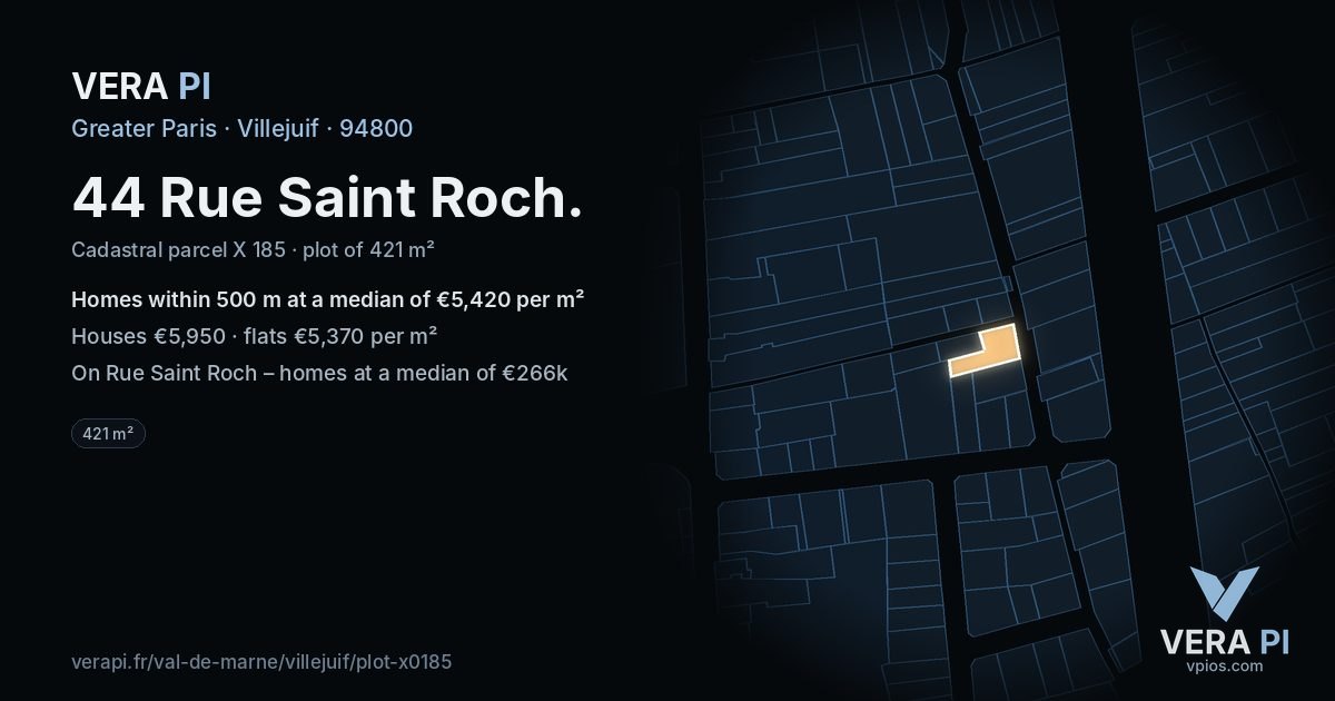 44 Rue Saint Roch, Villejuif at night – the plot lit, the parcels around coloured by the prices near them