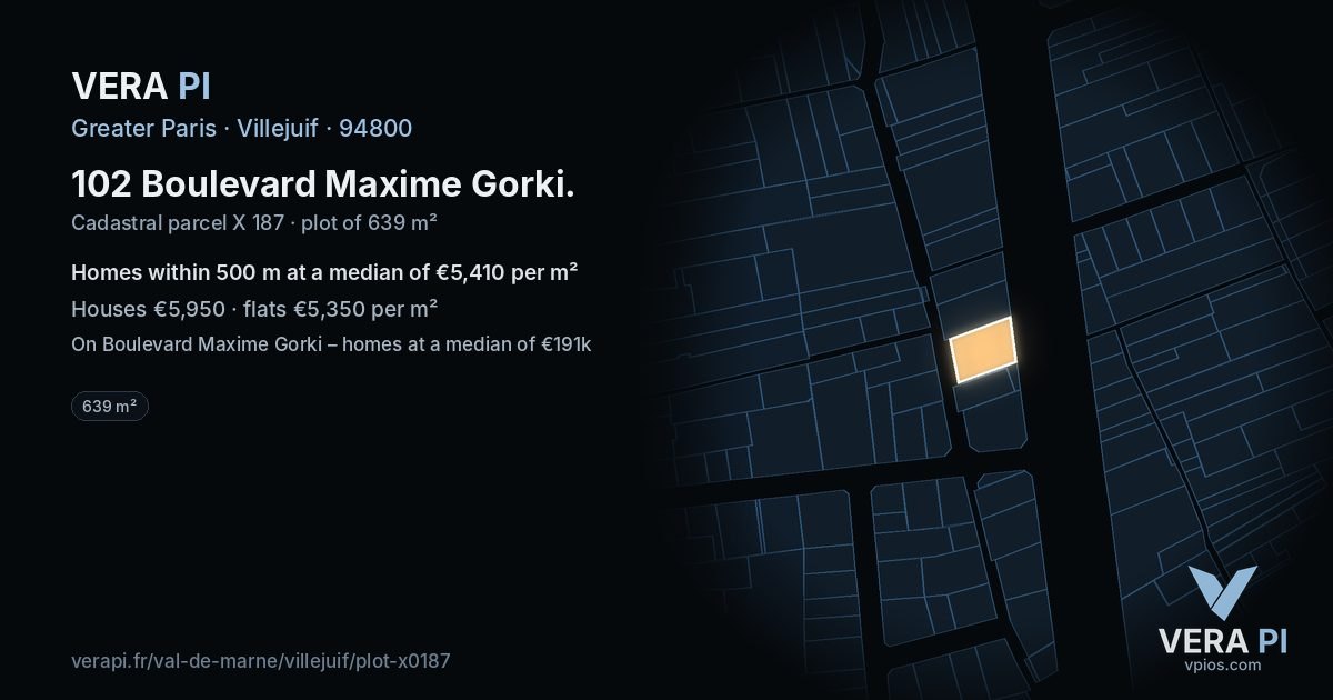 102 Boulevard Maxime Gorki, Villejuif at night – the plot lit, the parcels around coloured by the prices near them