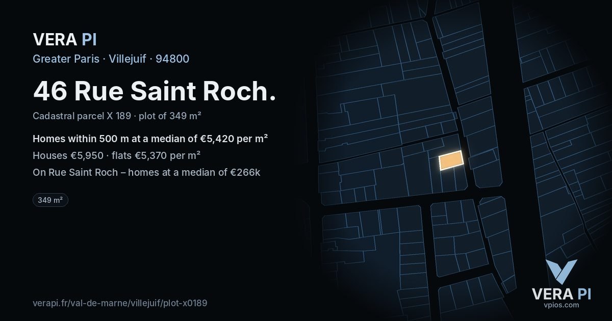 46 Rue Saint Roch, Villejuif at night – the plot lit, the parcels around coloured by the prices near them