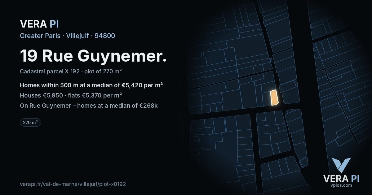19 Rue Guynemer, Villejuif at night – the plot lit, the parcels around coloured by the prices near them