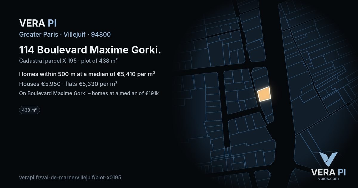 114 Boulevard Maxime Gorki, Villejuif at night – the plot lit, the parcels around coloured by the prices near them