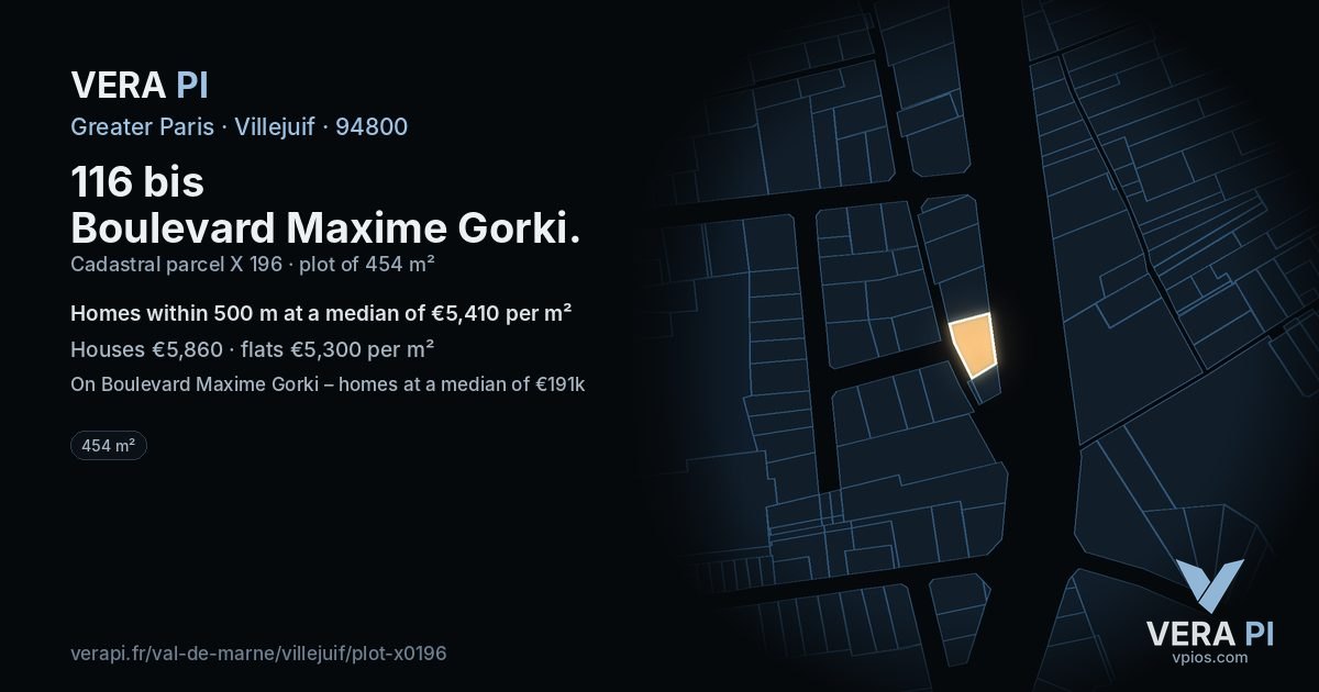 116 bis Boulevard Maxime Gorki, Villejuif at night – the plot lit, the parcels around coloured by the prices near them
