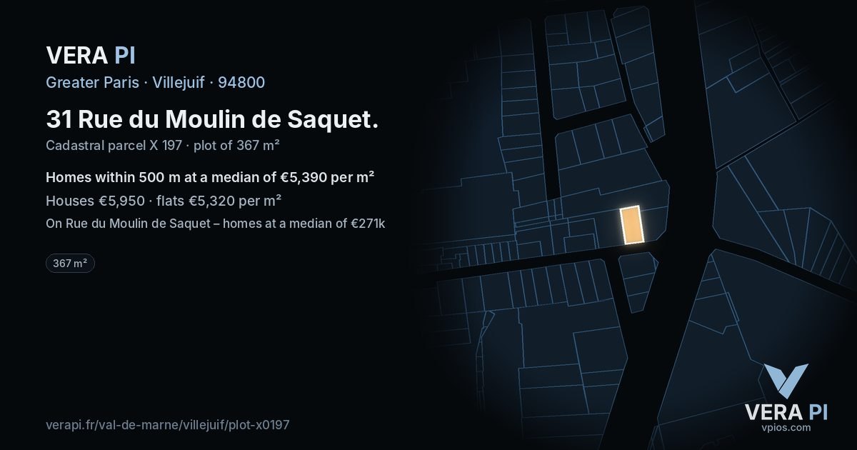 31 Rue du Moulin de Saquet, Villejuif at night – the plot lit, the parcels around coloured by the prices near them