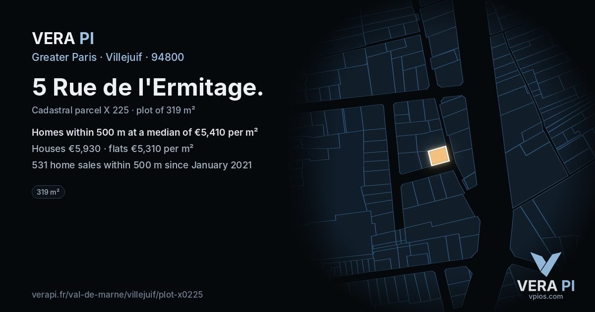 5 Rue de l'Ermitage, Villejuif at night – the plot lit, the parcels around coloured by the prices near them