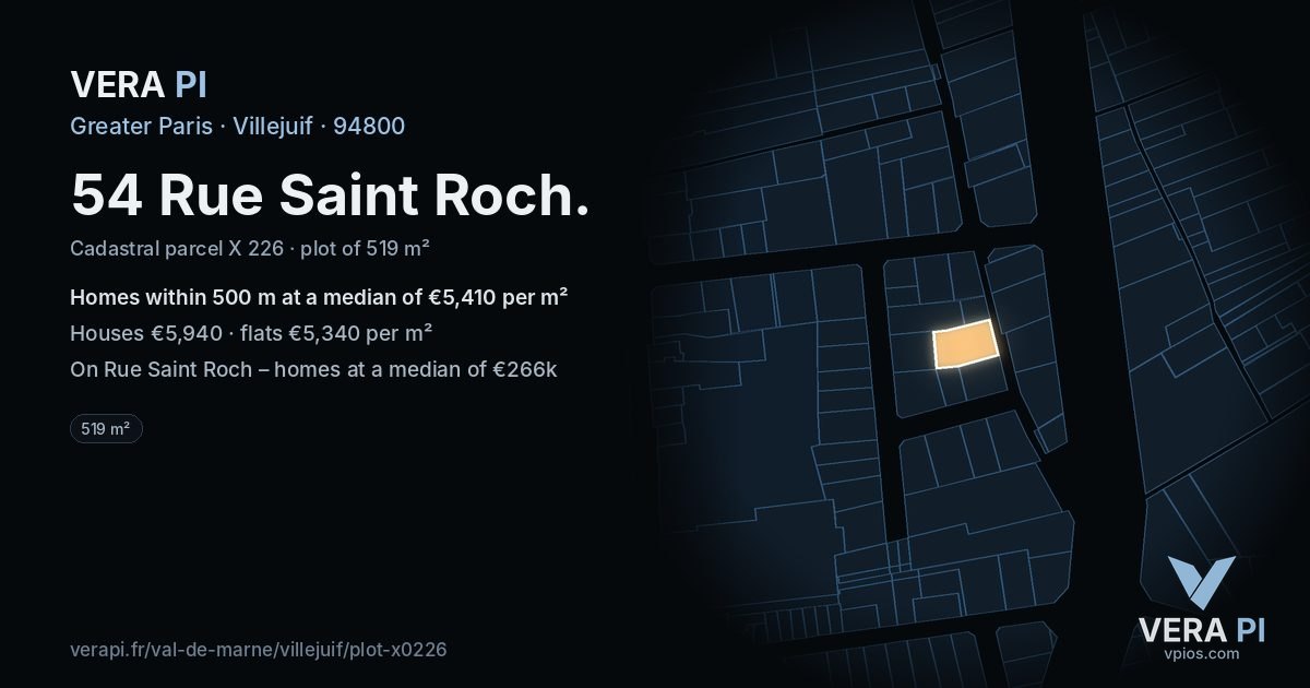 54 Rue Saint Roch, Villejuif at night – the plot lit, the parcels around coloured by the prices near them