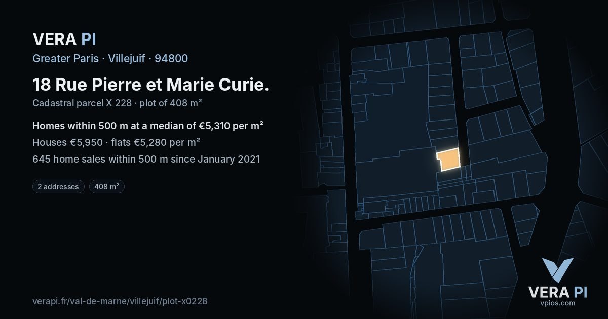 18 Rue Pierre et Marie Curie, Villejuif at night – the plot lit, the parcels around coloured by the prices near them