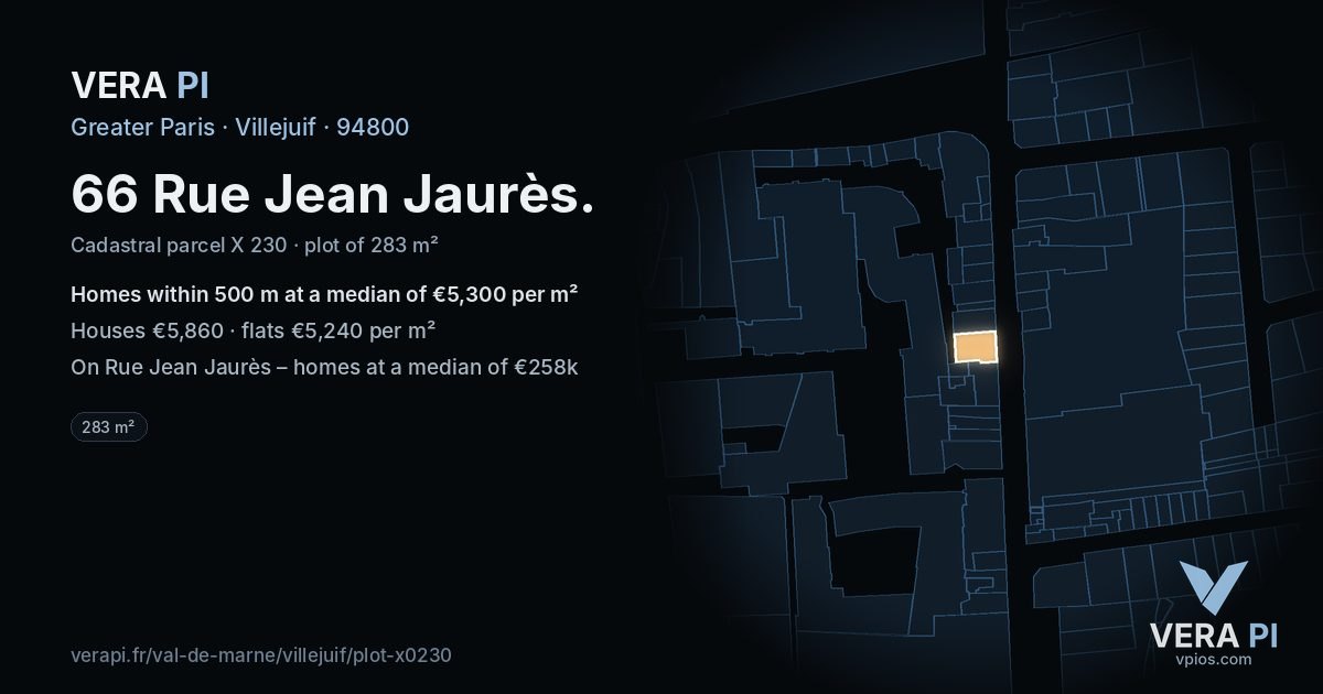 66 Rue Jean Jaurès, Villejuif at night – the plot lit, the parcels around coloured by the prices near them