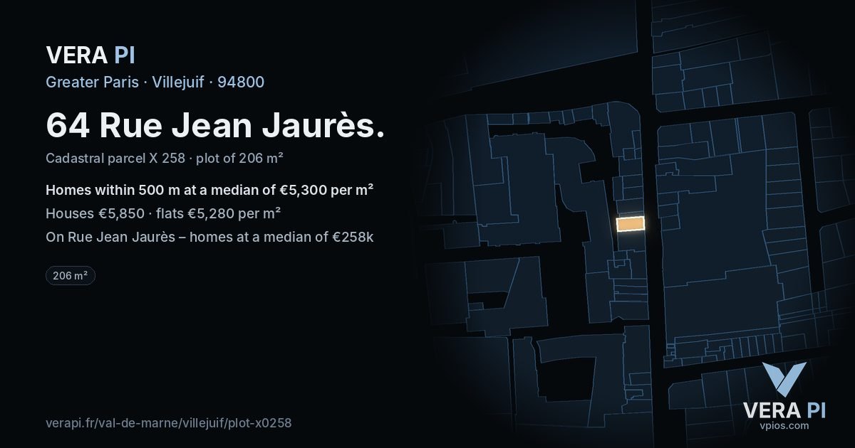64 Rue Jean Jaurès, Villejuif at night – the plot lit, the parcels around coloured by the prices near them