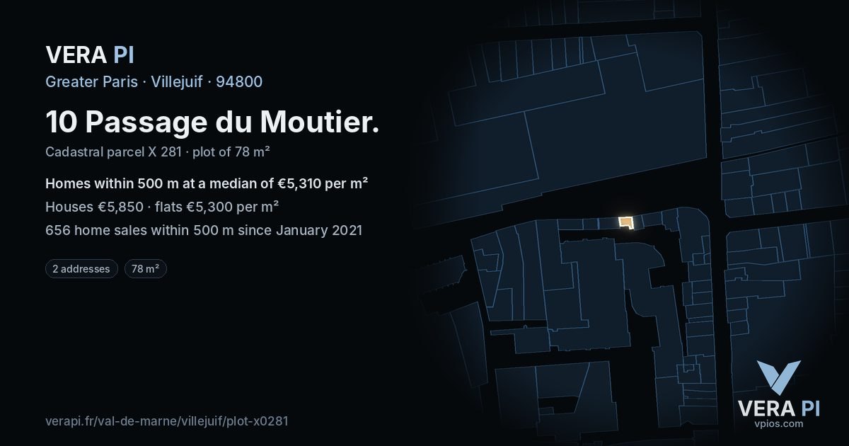 10 Passage du Moutier, Villejuif at night – the plot lit, the parcels around coloured by the prices near them
