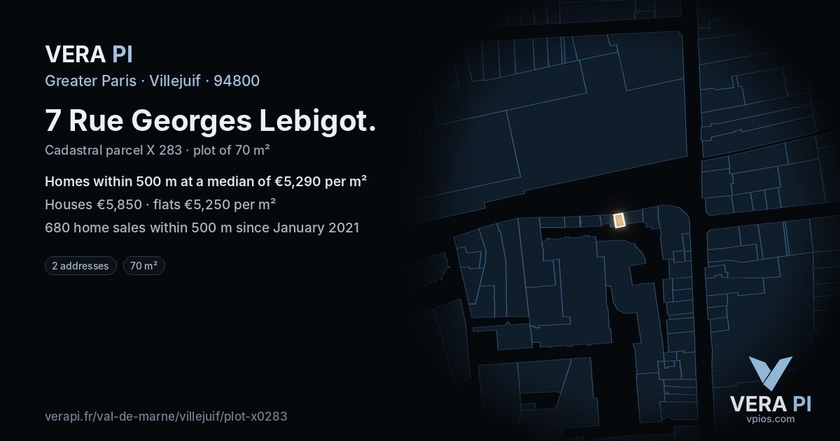 7 Rue Georges Lebigot, Villejuif at night – the plot lit, the parcels around coloured by the prices near them