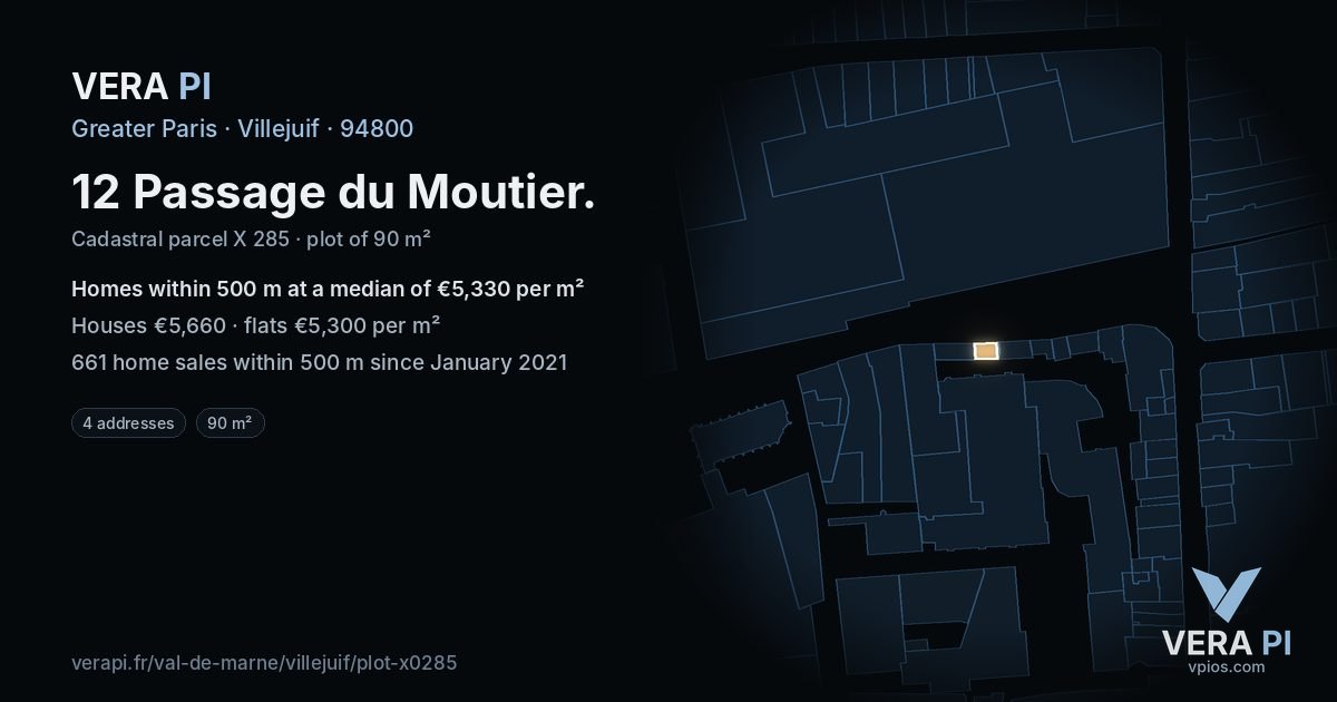 12 Passage du Moutier, Villejuif at night – the plot lit, the parcels around coloured by the prices near them