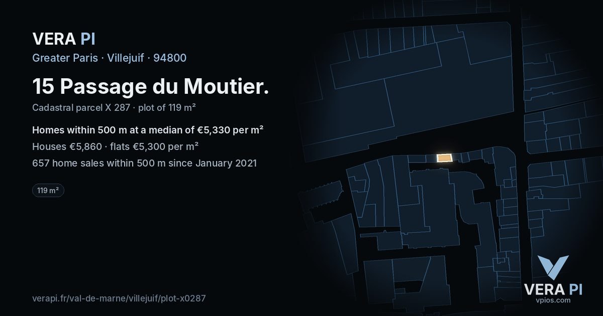 15 Passage du Moutier, Villejuif at night – the plot lit, the parcels around coloured by the prices near them