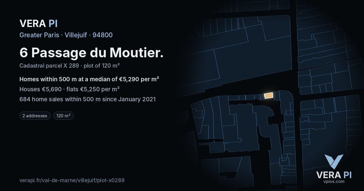 6 Passage du Moutier, Villejuif at night – the plot lit, the parcels around coloured by the prices near them
