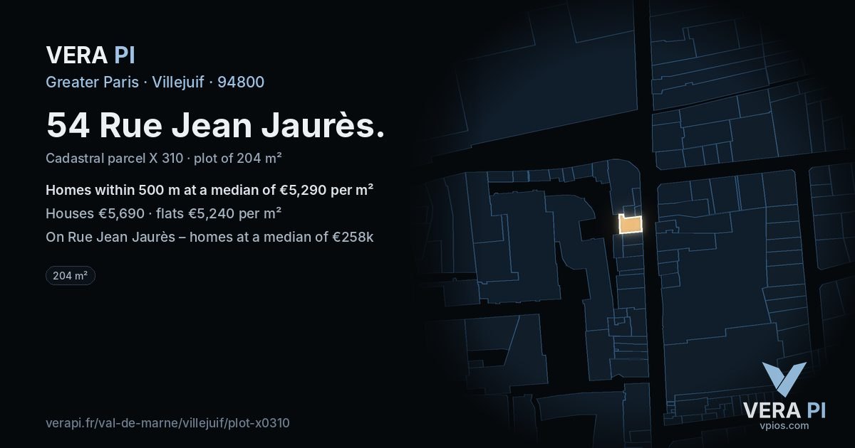 54 Rue Jean Jaurès, Villejuif at night – the plot lit, the parcels around coloured by the prices near them