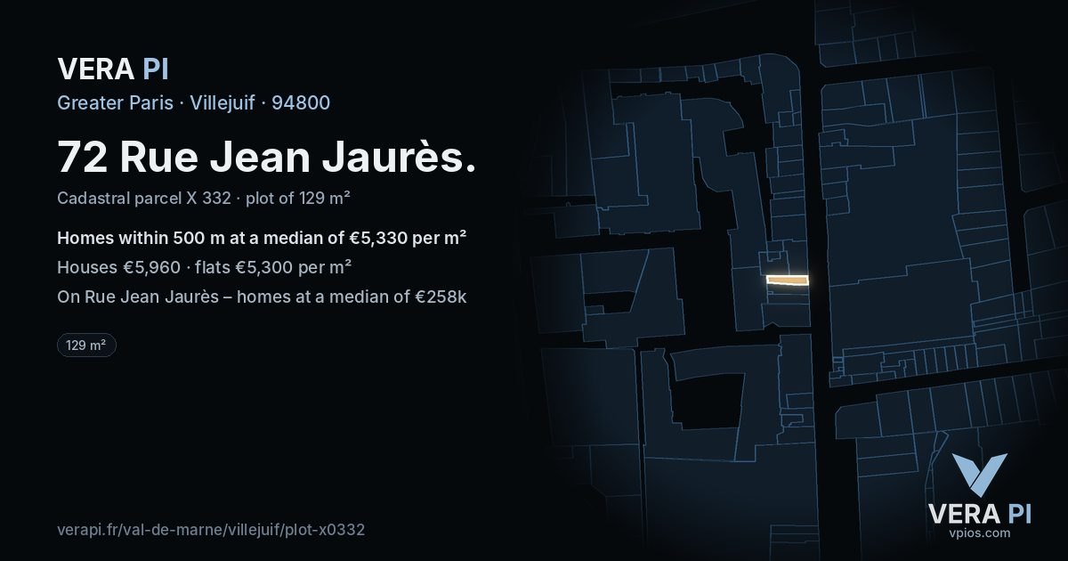 72 Rue Jean Jaurès, Villejuif at night – the plot lit, the parcels around coloured by the prices near them