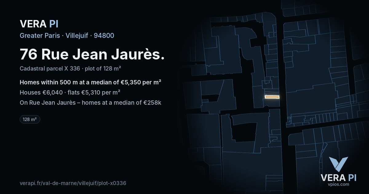76 Rue Jean Jaurès, Villejuif at night – the plot lit, the parcels around coloured by the prices near them